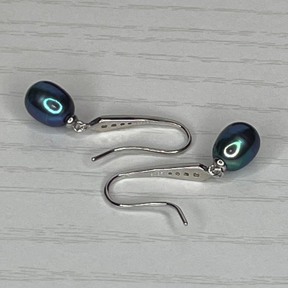 Peacock Rice Pearl & CZ .925 Sterling Silver Drop Earrings Handmade - Picture 2 of 3